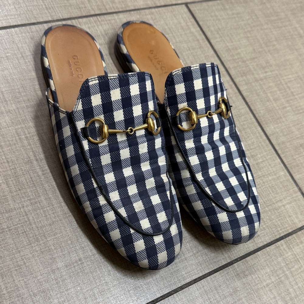 Gucci Gingham Horsebit Mules – Size 38 (US 8) designer shoes